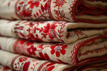 Stack of traditional Hungarian embroidered textiles featuring intricate red floral patterns