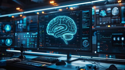 In an intricate display of modern technology, the visualization of an artificial intelligence-brain model takes shape on a computer monitor.