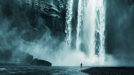 Beautiful waterfall in Iceland waterfall, a man standing under the majestic waterfall.