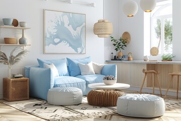 An airy space highlighted by a blue sofa set, unique art pieces, and natural textures creating a relaxing atmosphere