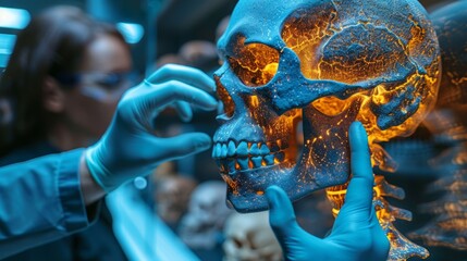 In an anatomy lesson, students grasp a skull model, examining every detail as they explore the complex structure from a close perspective.