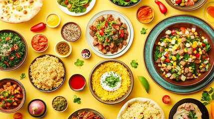 A table full of food with a yellow background. The food includes a variety of dishes such as rice,...
