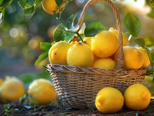 harvest of lemons in a basket in the garden