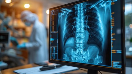 The computer screen provides a detailed x-ray close-up of a patient's ribs, a powerful tool for diagnosing and treating illnesses in a hospital setting.