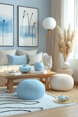 A chic living room arrangement with blue cushions, poof, and elegantly arranged decorative pieces