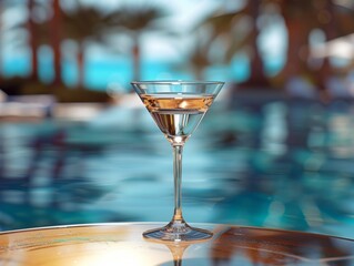 cocktail glass standing on a table by the pool. realistic photo