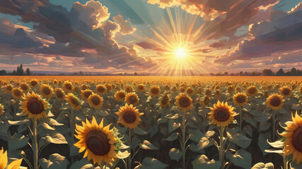 Obraz premium sunflower field with rays of sunlight, lots of clouds,4k, art nouveau style, sunset colours, very detailed