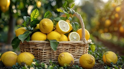 harvest of lemons in a basket in the garden. summer mood