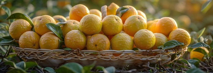harvest of lemons in a basket in the garden. summer mood