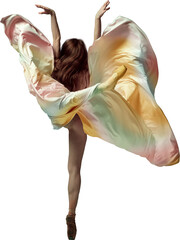 Aesthetic of movement. Back view of one charming ballerina, ballet dancer wearing fancy colorful dress posing on tiptoe isolated transparent background. Concept of inspiration, dance, creativity