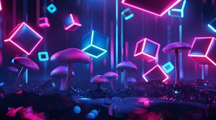 3d rendering of abstract geometric background with neon glowing cubes in dark space