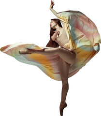 Tender soul. Young classical dancer wearing colorful flying dress dancing on fingertips isolated transparent background. Concept of ballet, inspiration, beauty, contemporary dance, creativity, motion.