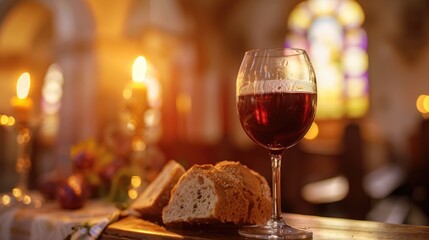 Naklejka premium Partaking in holy communion at church involves receiving a glass chalice filled with red wine and a piece of bread symbolizing the Feast of Corpus Christi