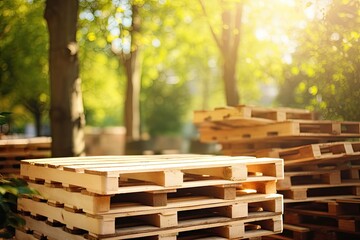 Stack of wooden pallets. The image has a natural and rustic feel, with a wooden palette and greenery all around