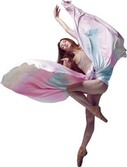 Flying with silk dress. Weightless easy jump. Sensual ballerina with dancing with fabric isolated...