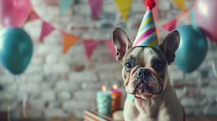 Cane simpatico indossa capello per la sua festa di compleanno