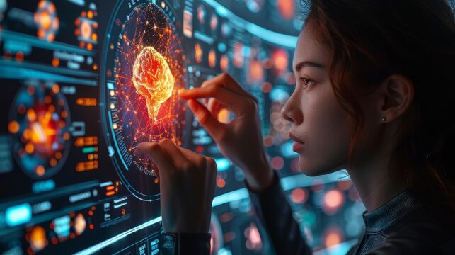 On the screen of her computer, a neural network unfolds its complexity, pulling the woman into an in-depth study of artificial brain technology.