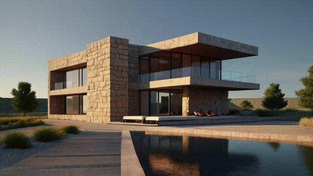 Luxurious modern billionaire duplex farmhouse with a pool Generative AI