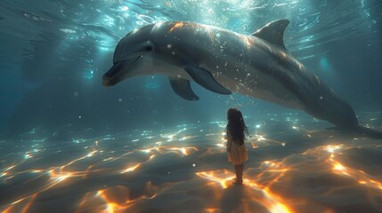 Obraz premium Brightly colored and full of energy, a picture captures a small girl's joyful play with a friendly dolphin underwater.