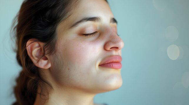 Woman with her eyes closed, enjoying the daylight, calm atmosphere