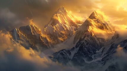 A majestic mountain range bathed in golden light at sunrise, with wisps of clouds clinging to the...