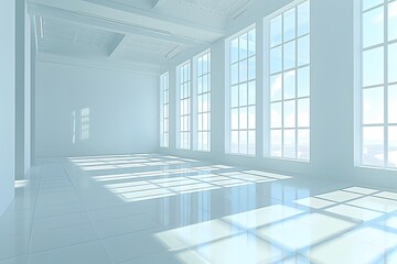 Fototapeta premium A large, empty room with white walls and windows. The room is very bright and airy, with the sunlight