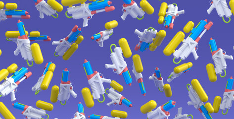 Many of flying plastic water gun toy for playing in the swimming pool on violet