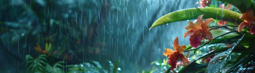 Focus a Monsoon Jungle and Rain, with Orchids, On the right side free space, photography, Monsoon Adventure advertisement concept