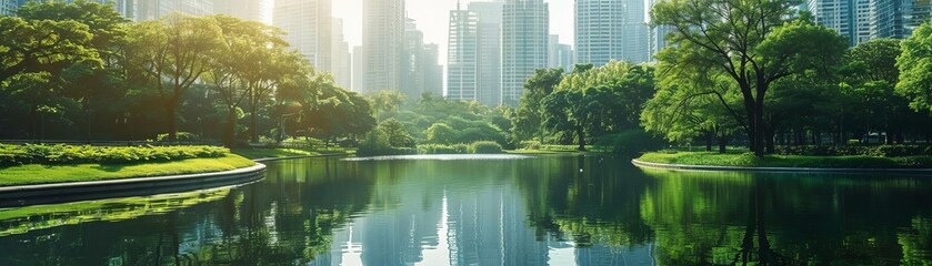 Fototapeta premium Focus a Urban Park and Greenery, with a Pond, On the right side free space, photography, City Escape advertisement concept