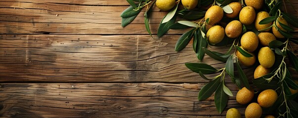 Olives on wooden table. Rustic tabletop with olive. Top view