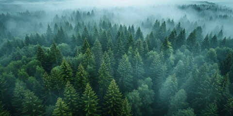 Misty Forest Aerial Photograph with Pine Trees.