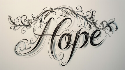 Elegant script spelling out the word "Hope" with graceful curves and flowing lines, symbolizing optimism and positivity.