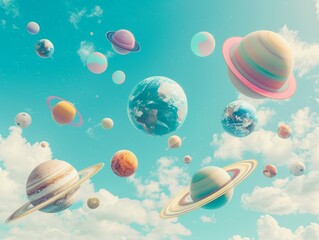 A vibrant digital artwork of various planets and moons suspended in a bright, cloud-speckled sky, evoking a sense of wonder