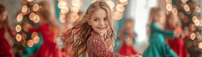 Focus on kids dancing at a Saint Patricks Day ceilidh in a blur beautiful community center background