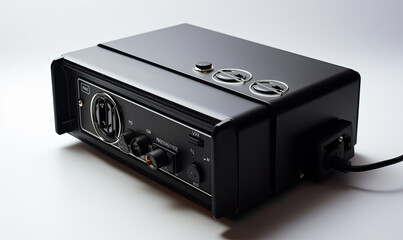 Fototapeta premium A black computer power supply unit with a fan on top. The fan is orange and has a black base