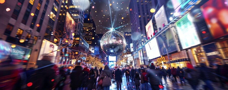 New Year s Eve ball drop in a crowded public square, light painting style