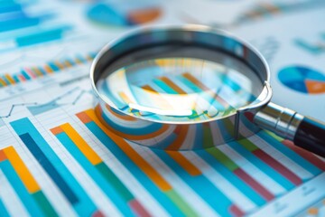 Lente d'ingrandimento su grafici di ricerche di mercato e analisi dei dati nel marketing strategico