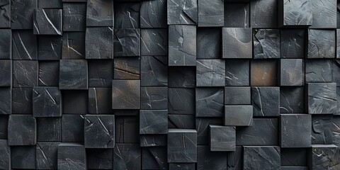 Square, Black Mosaic Tiles arranged in the shape of a wall. 3D, Semigloss, Blocks stacked to create a Futuristic block background.