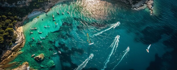 Aerial view of windsurf race in sunny Dalmatian coast, Croatia.