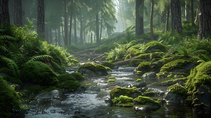 A peaceful forest glade with a babbling brook meandering through the moss-covered rocks and ferns.