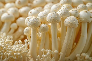 Macro shot revealing the intricate details and textures of enoki mushrooms, highlighting the beauty of natural forms