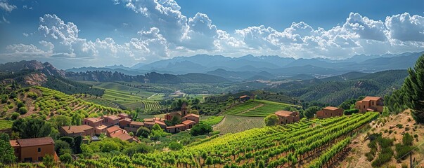 Panoramic of the village of Masroig among vineyards during spring in the Priorat designation of origin region in Catalonia in Spain