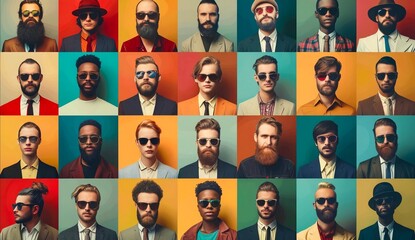 A group of men with different hairstyles and sunglasses. The image is a collage of many different men, each with their own unique style. Scene is casual and relaxed, as the men are dressed in suits - Powered by Adobe