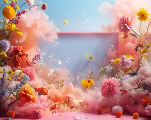 An enchanting display of various vibrant flowers encircling a clear space with delightful floating bubbles and a surreal foggy backdrop