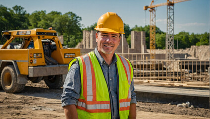 Portrait of a construction worker wearing hard hat and vest with a construction site in the background