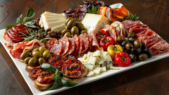Piatto assortito di antipasti italiani, tra cui salumi, formaggi, olive e peperoni grigliati