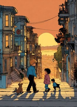 Sunset Serenade: A Hergé Illustrated Journey Through San Francisco Streets"