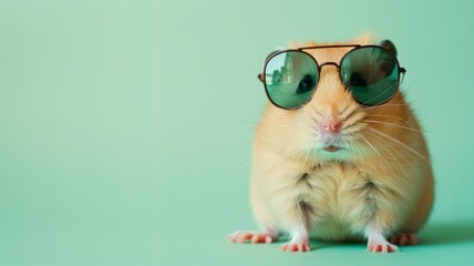 A cute hamster, peering over tiny sunglasses, sits on the right side of a mint green background, with room on the left for text, ideal for pet store promotions.