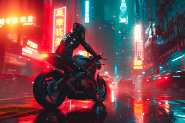 A woman is riding a motorcycle in a city with neon lights and neon signs. The image has a...
