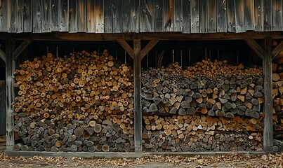 Cords of wood stacked against a wooden wall